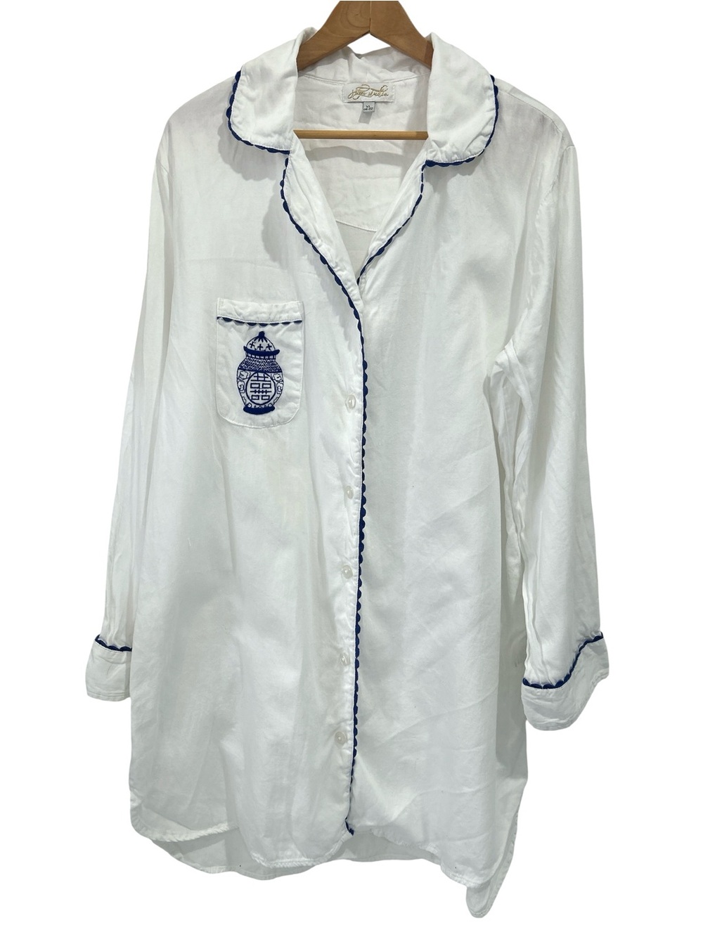 Jayes Studio White Cotton Sateen Sleep Shirt with Embroidered Ginger Jar - XL